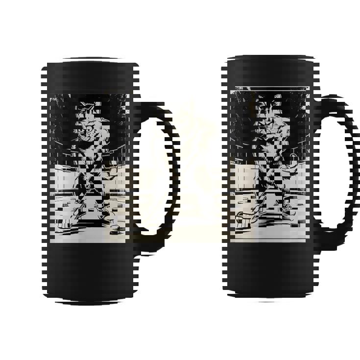 Retro Cat Playing Ice Hockey Stick Skating Sports Coffee Mug