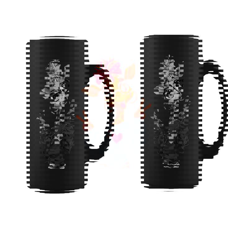 キリンガール ダブルピースサイン ピンク リボン ポップ グラフィック 遊び心のある 長袖tシャツ コーヒーマグ