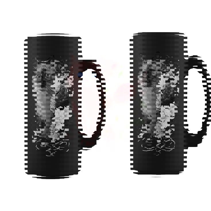 花とシャム猫、ヴィンテージ感、花柄シャム猫 コーヒーマグ