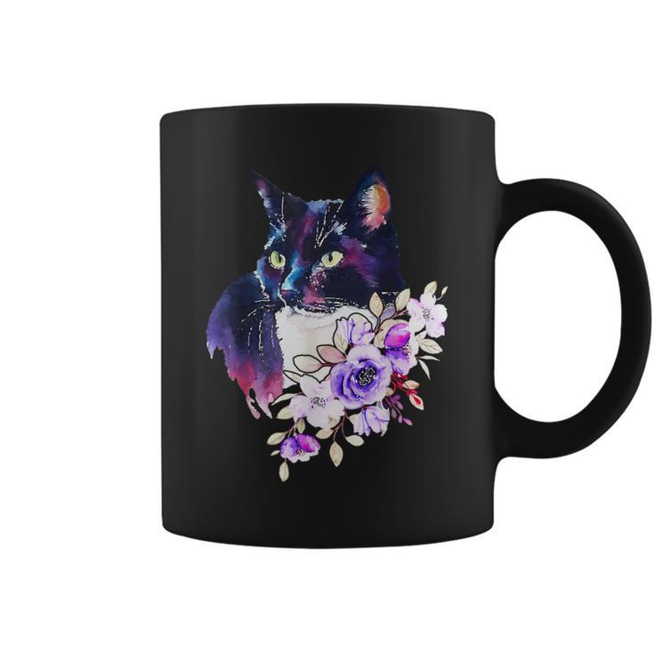 花と猫、水彩画のような表情 コーヒーマグ