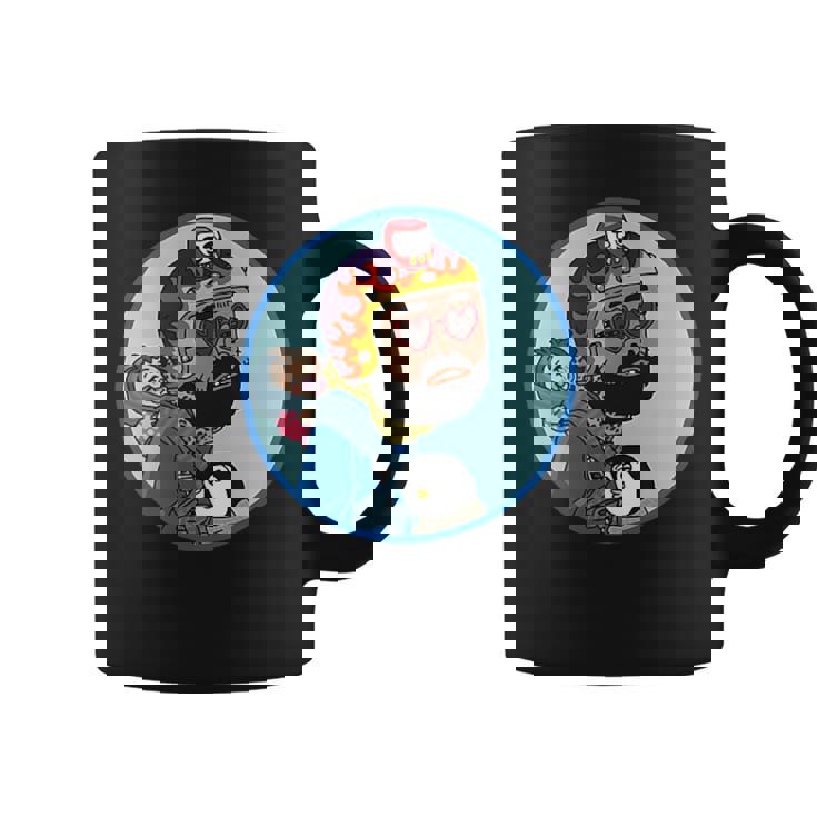 赤ちゃんをおんぶしたファンキー男 ハート型のサングラス ミニダルマ ヒゲ ファイヤーパターンのヘルメット コーヒーマグ