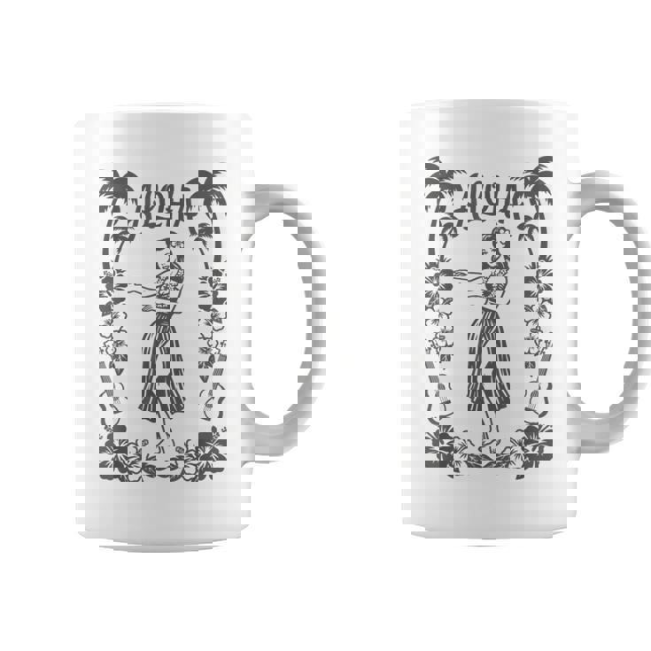 Aloha ハワイ ダンサー ヤシの木 ハイビスカス ウクレレ ルアウ ラインアート コーヒーマグ