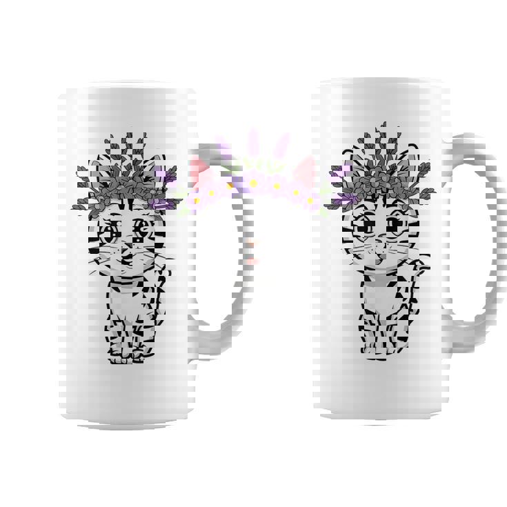 Cute Lavender Purple Flower Crown Cat Kawaii Kitty Floral Coffee Mug