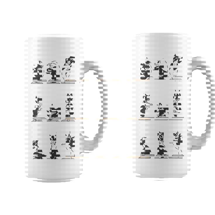 ボストンテリア ヨガ アサナ ポーズ 瞑想 おもしろtシャツ コーヒーマグ