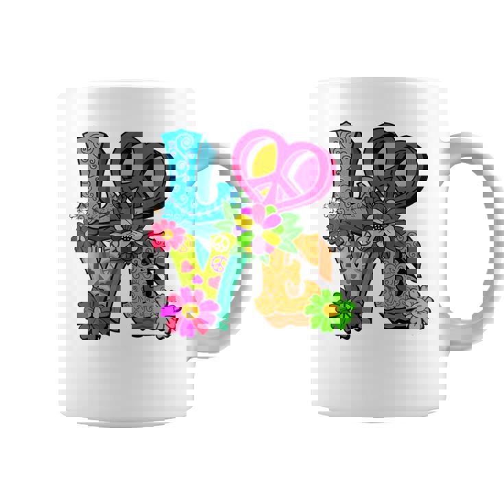 明るくカラフルな愛と平和 ピースサイン フラワートップ コーヒーマグ