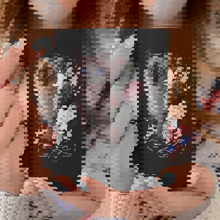 花とシャム猫、ヴィンテージ感、花柄シャム猫 コーヒーマグ 面白い贈り物