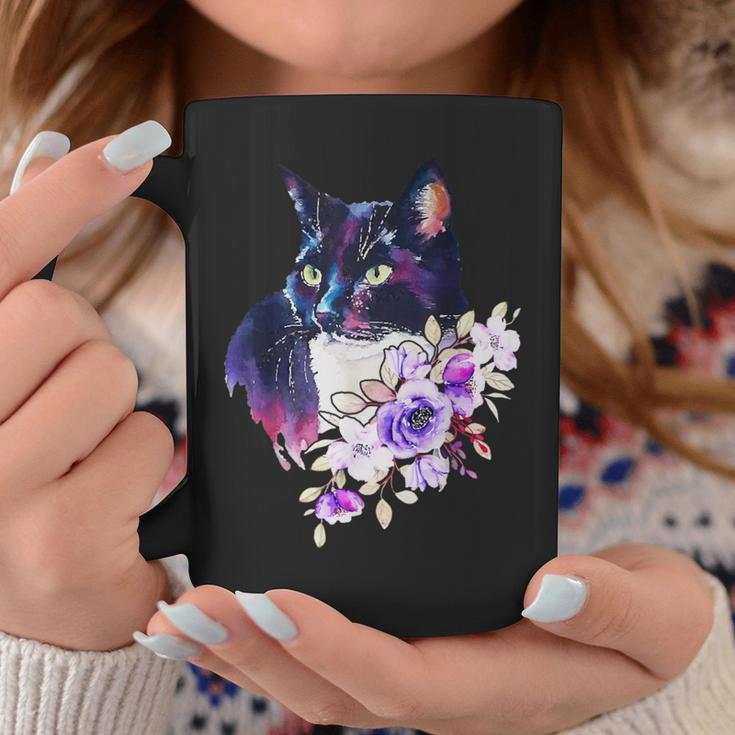 花と猫、水彩画のような表情 コーヒーマグ 面白い贈り物