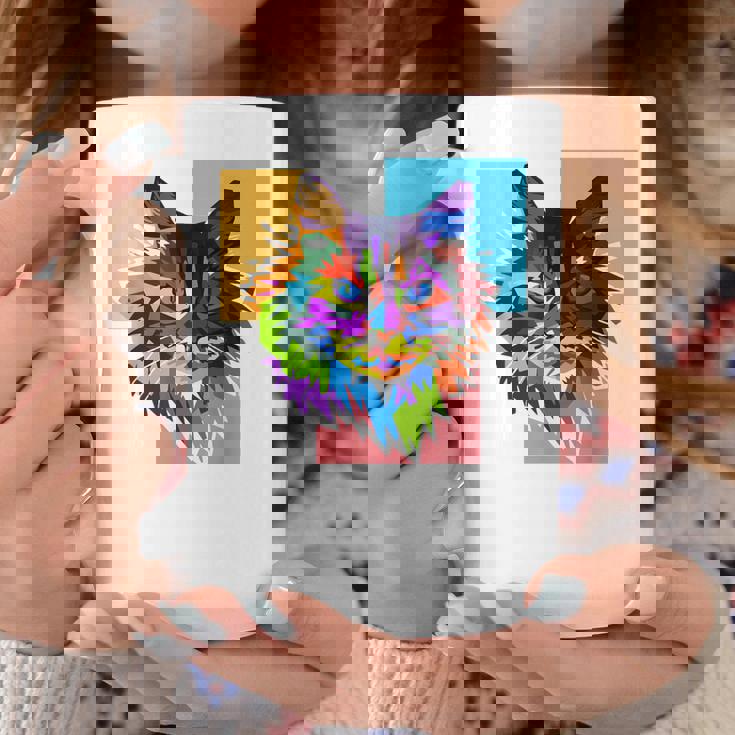 ペイントされた猫の顔 カラフル レインボー アートデザイン ギフトに最適 コーヒーマグ 面白い贈り物