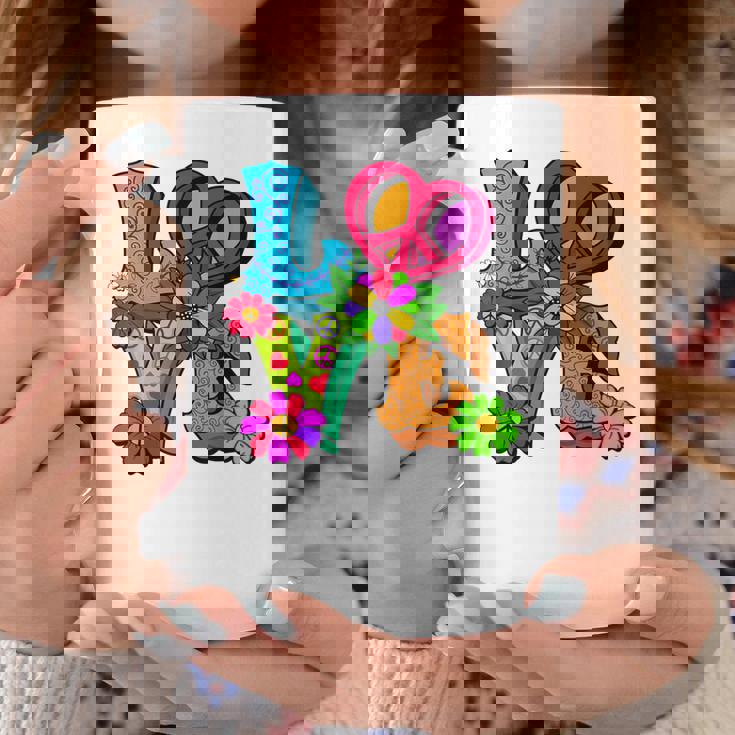 明るくカラフルな愛と平和 ピースサイン フラワートップ コーヒーマグ 面白い贈り物