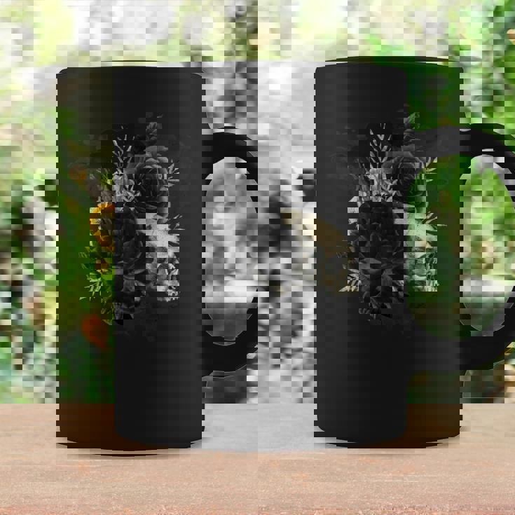 ブラックローズフラワーとスカルアート グランジスタイル 長袖tシャツ コーヒーマグ ギフトのアイデア