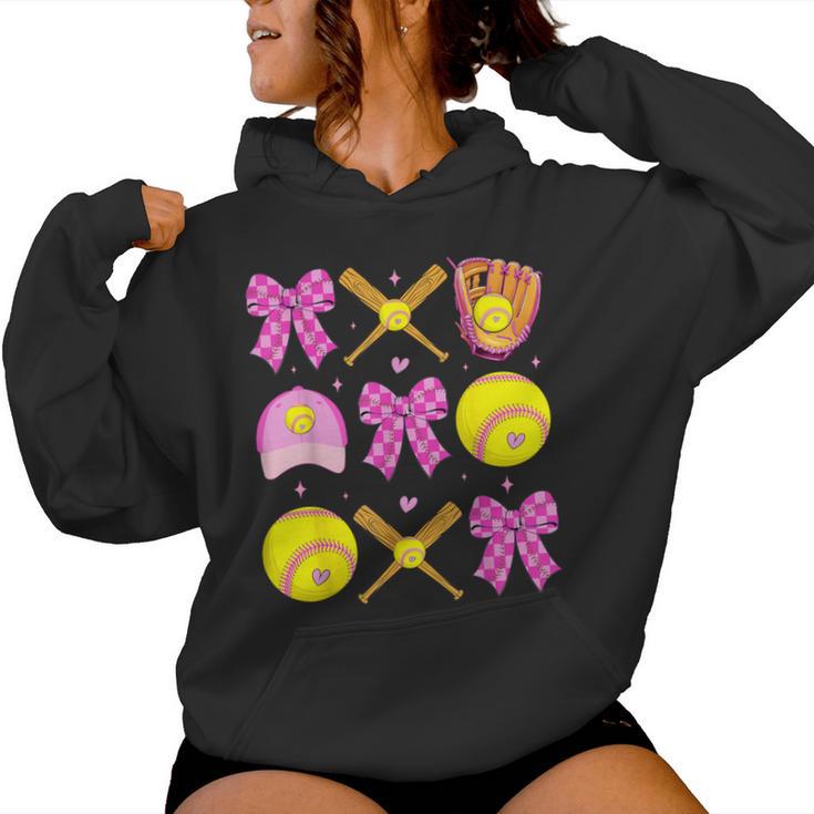 Checkered Mama Bow Cute Softball Mom Game Day Sports Women Hoodie