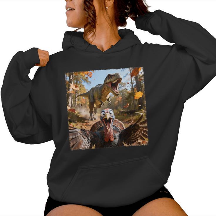 Turkey Selfie With T-Rex Dinosaur Thanksgiving Fall Women Hoodie
