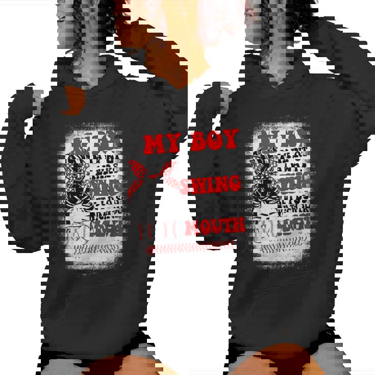 Messy Bun Softball Mom My Boy May Not Always Swing But I Do Women Hoodie