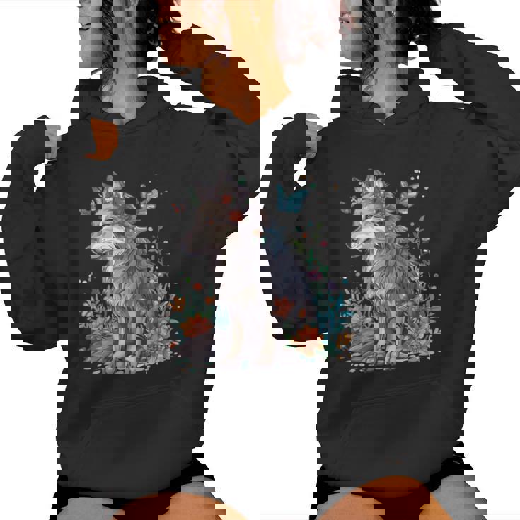 かわいいオオカミ 花 I キッズ オオカミ 長袖tシャツ レディースパーカー