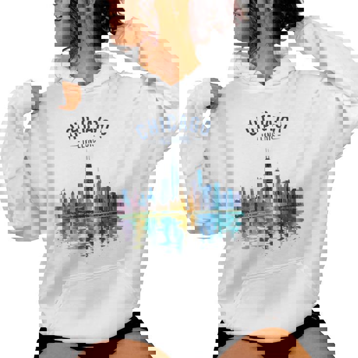 Chicago Illinois Skyline Vintage Watercolor Scenic Travel Women's Hoodie