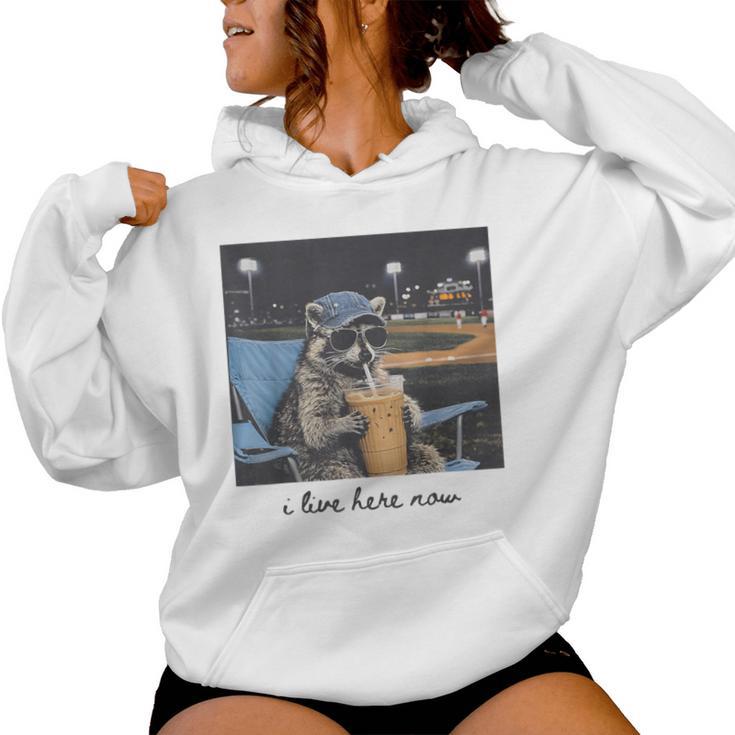 I Live Ballfield Now Cute Raccoon Baseball Softball Mom Women Hoodie