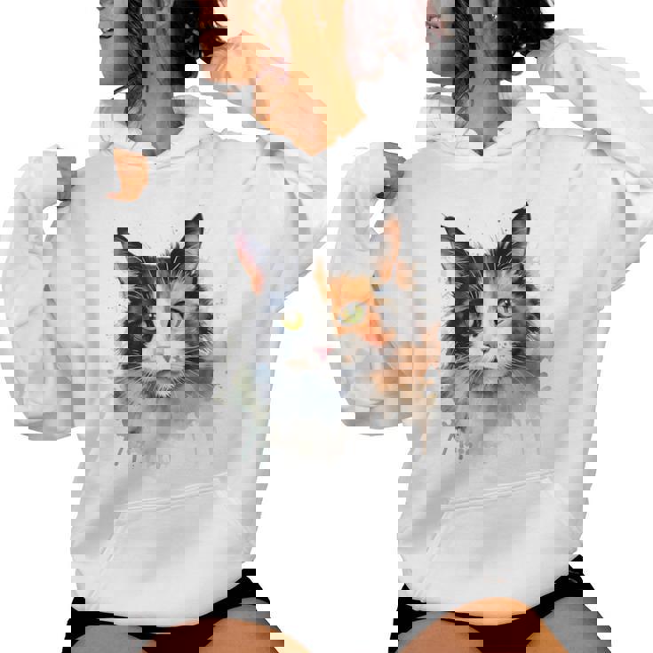 クールな水彩 三毛猫顔 三毛猫 お母さん 猫 お父さん レディースパーカー