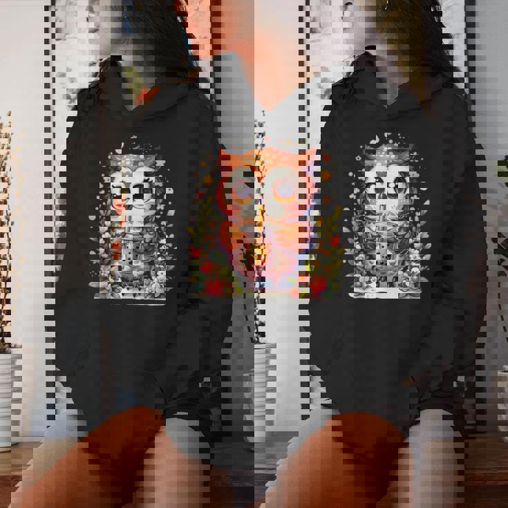 フクロウ ドリンク ボバ ティー ボヘミアン 羽 女の子 花 ニューエイジ レディースパーカー 彼女への贈り物