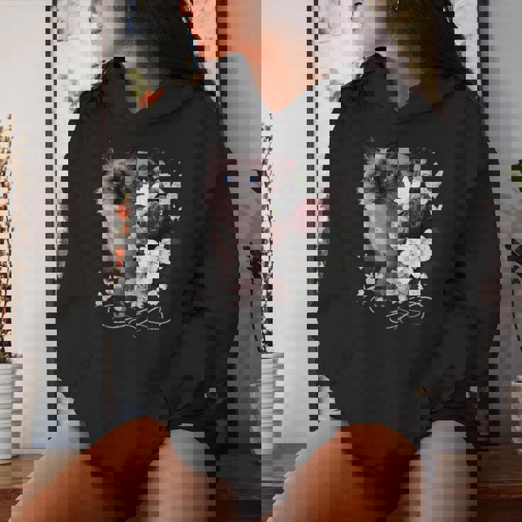 花とシャム猫、ヴィンテージ感、花柄シャム猫 レディースパーカー 彼女への贈り物