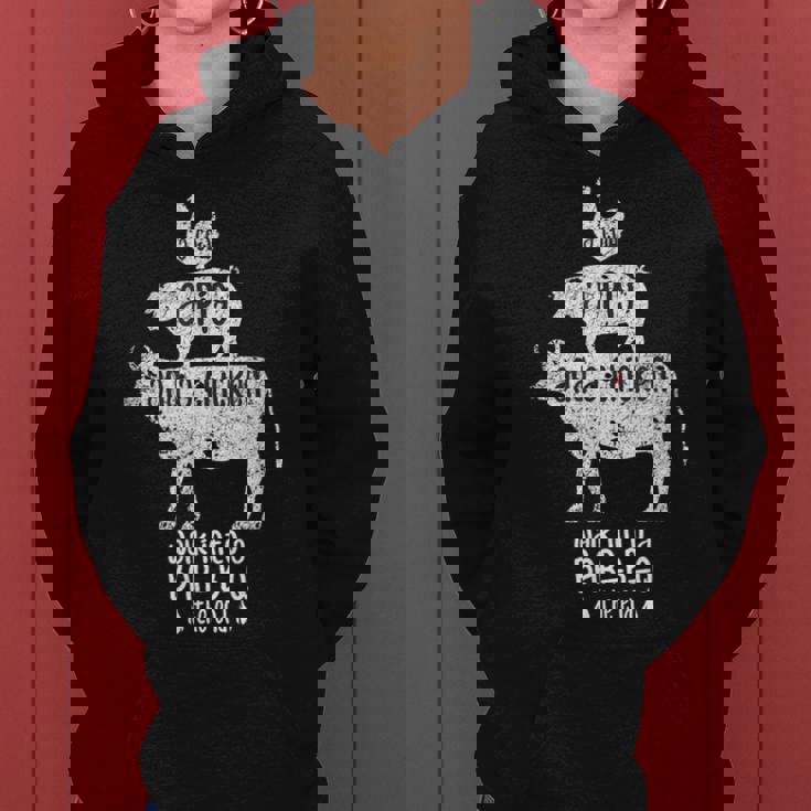 Cow Pig Chicken Bbq Joke 牛と豚と鶏 おかしいバーベキューミートイーター シェフギフト レディースパーカー