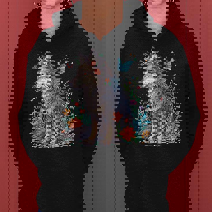 かわいいオオカミ 花 I キッズ オオカミ 長袖tシャツ レディースパーカー