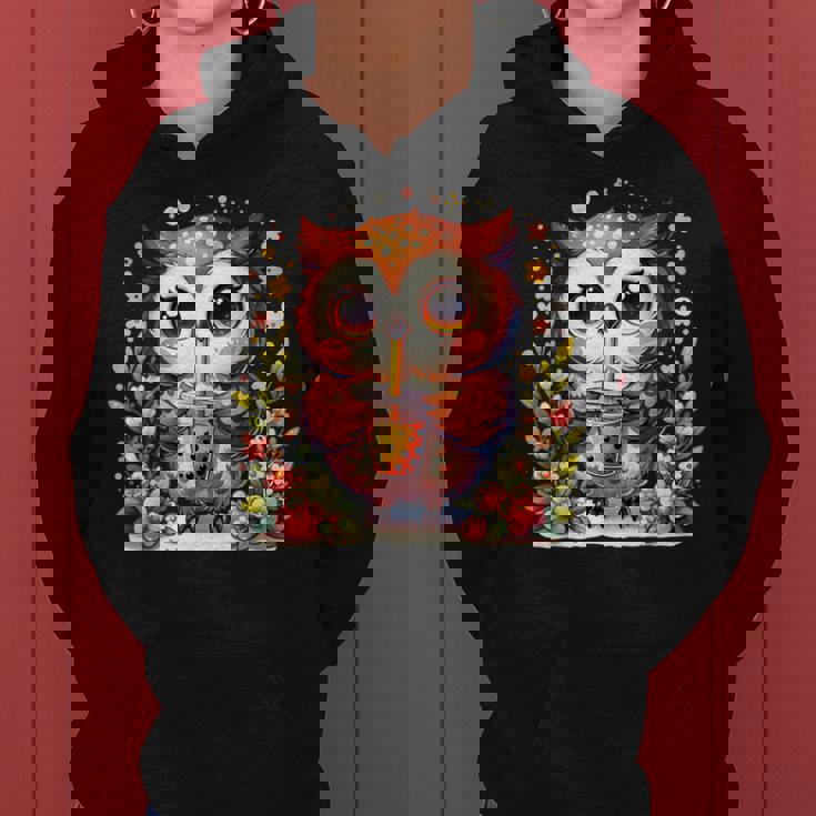 フクロウ ドリンク ボバ ティー ボヘミアン 羽 女の子 花 ニューエイジ レディースパーカー