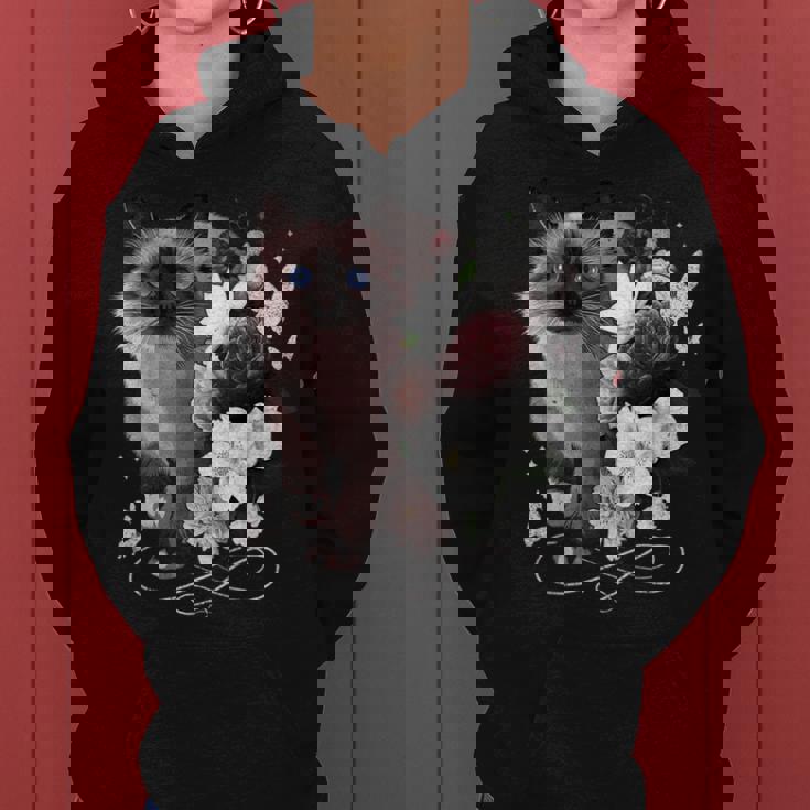 花とシャム猫、ヴィンテージ感、花柄シャム猫 レディースパーカー