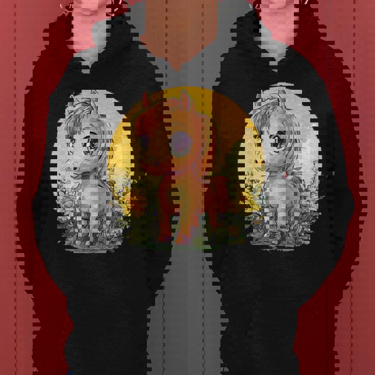 花畑に大きな目を持つかわいいポニー レディースパーカー