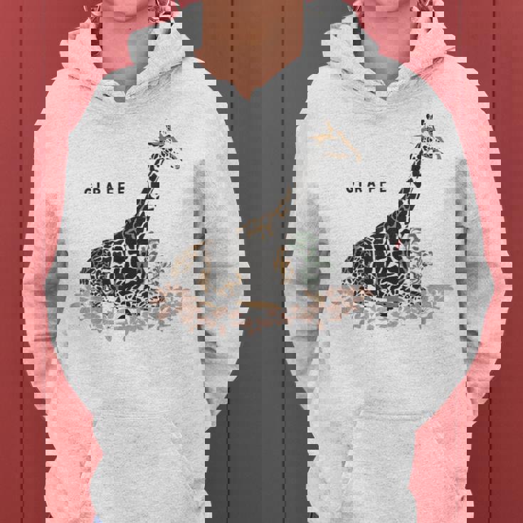 Giraffe キリン イラスト おしゃれ かっこいい キリンの絵 リアル 熱帯の花 野生生物 キリン好き レディースパーカー