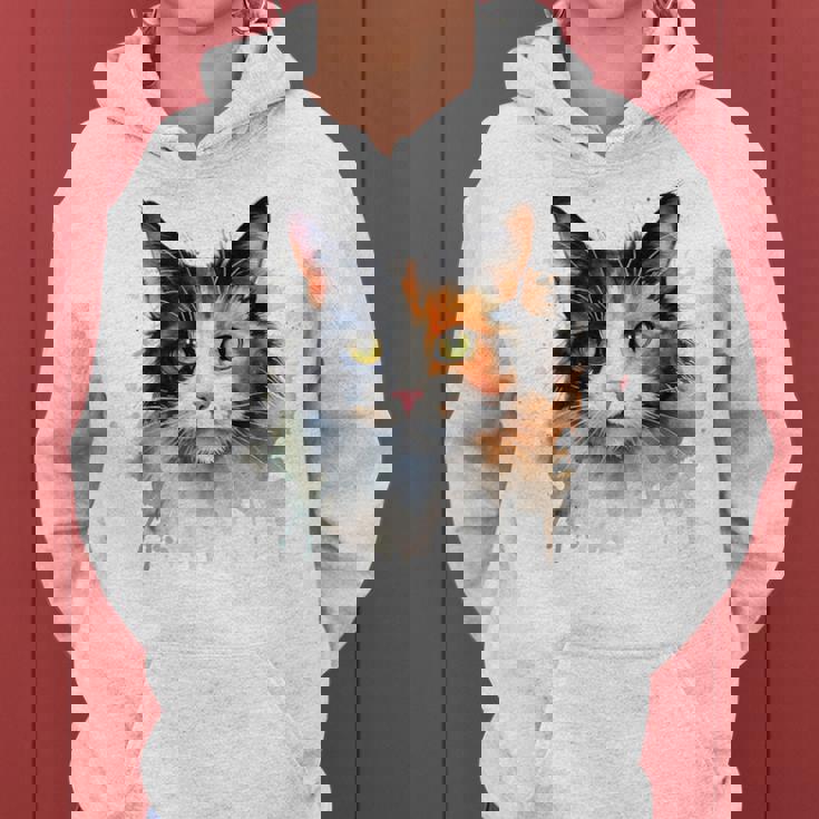 クールな水彩 三毛猫顔 三毛猫 お母さん 猫 お父さん レディースパーカー