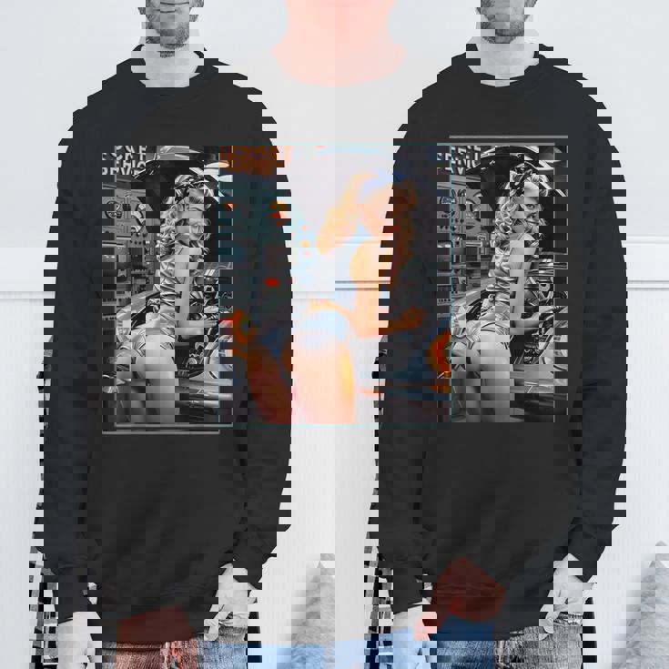 セクシーガールグラフィックtシャツ セクシーなブロンドメカニックピンナップガール スウェットシャツ 高齢者への贈り物