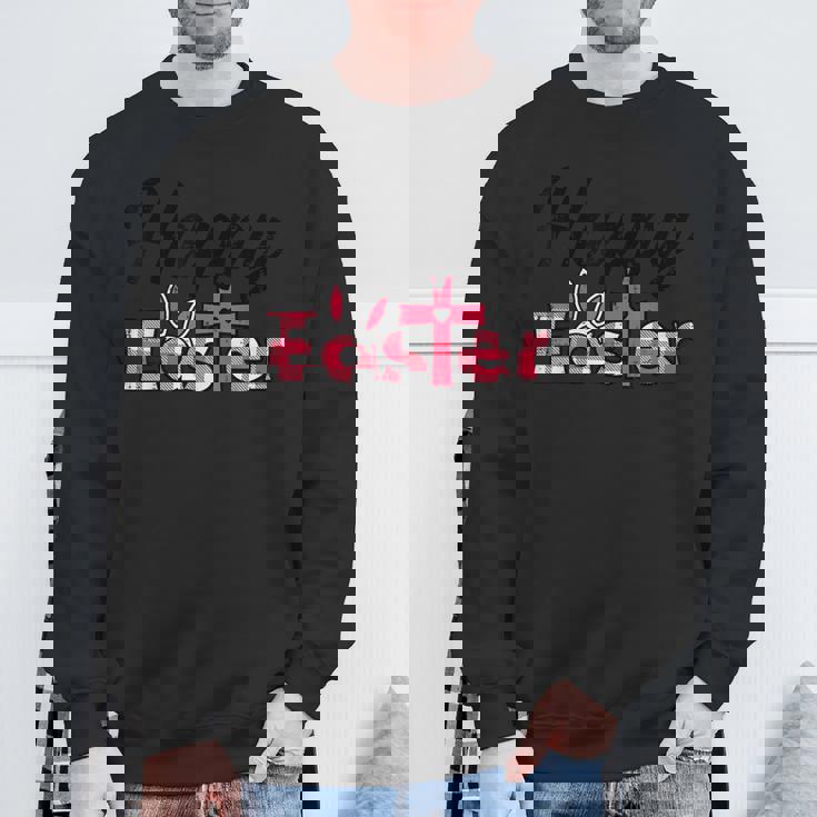 チェック柄ハッピーイースターバニー耳クロスかわいい宗教クリスチャン スウェットシャツ 高齢者への贈り物