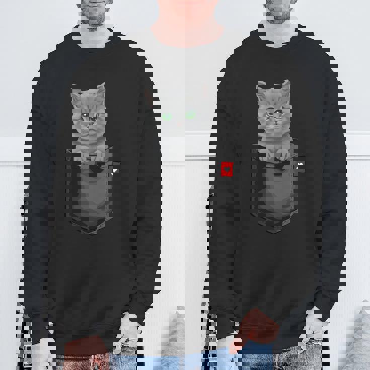 ブリティッシュショートヘア猫 ポケットの中 のぞくかわいい子猫 長袖tシャツ スウェットシャツ 高齢者への贈り物