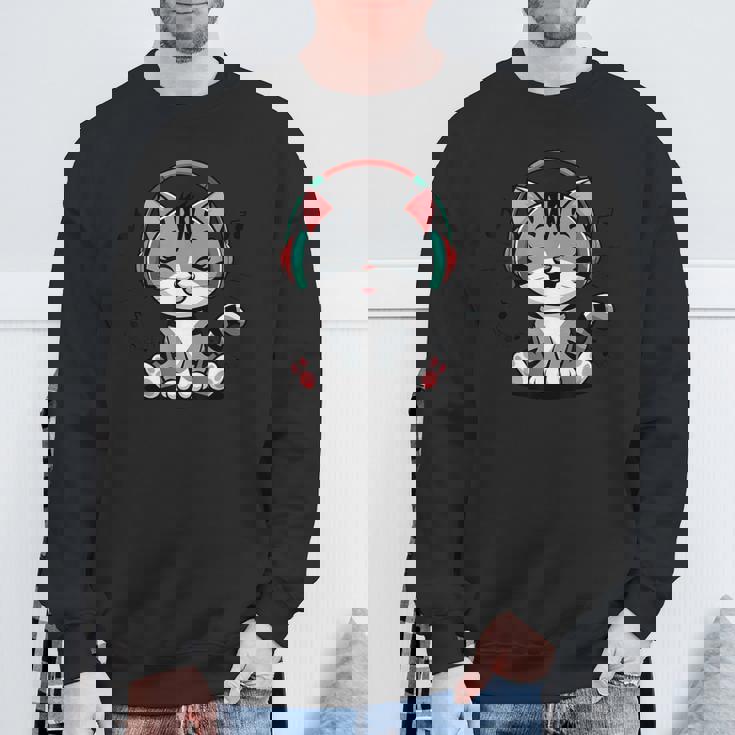 ミュージック・キャッツ ミュージシャンのための音符の衣装 ヘッドフォン猫 スウェットシャツ 高齢者への贈り物