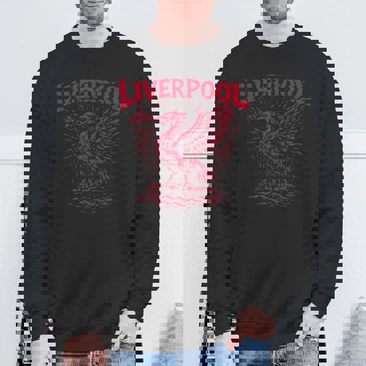 リバプール イングランド Zine インク 肝臓 鳥 レッドプリント スウェットシャツ 高齢者への贈り物