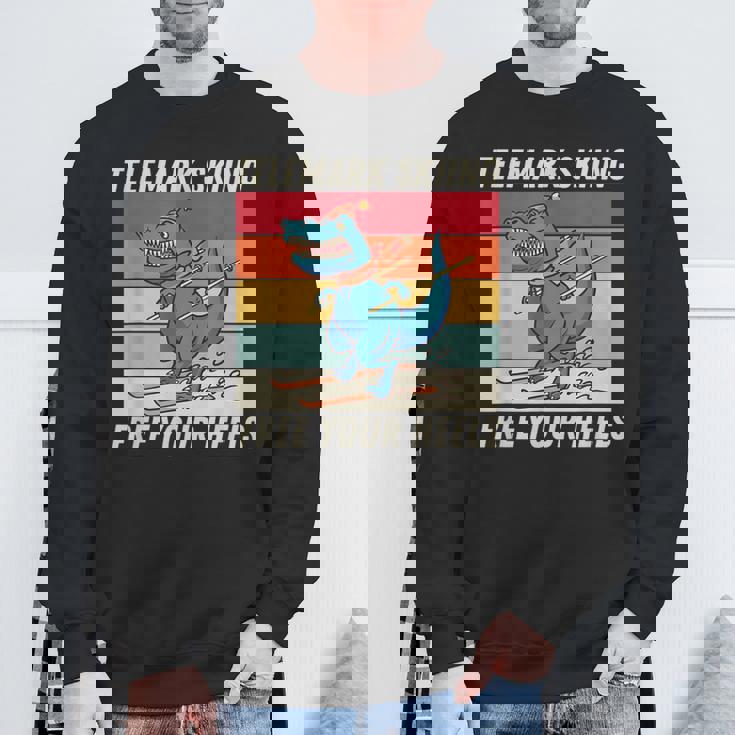 レトロ かわいい 漫画 恐竜 スキーヤー テレマーク スキー スウェットシャツ 高齢者への贈り物