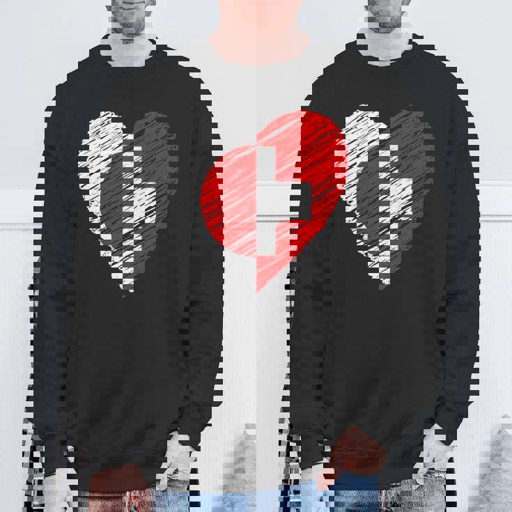 日本 スイス ハート 日本国旗 スイス国旗 ハート 長袖tシャツ スウェットシャツ 高齢者への贈り物