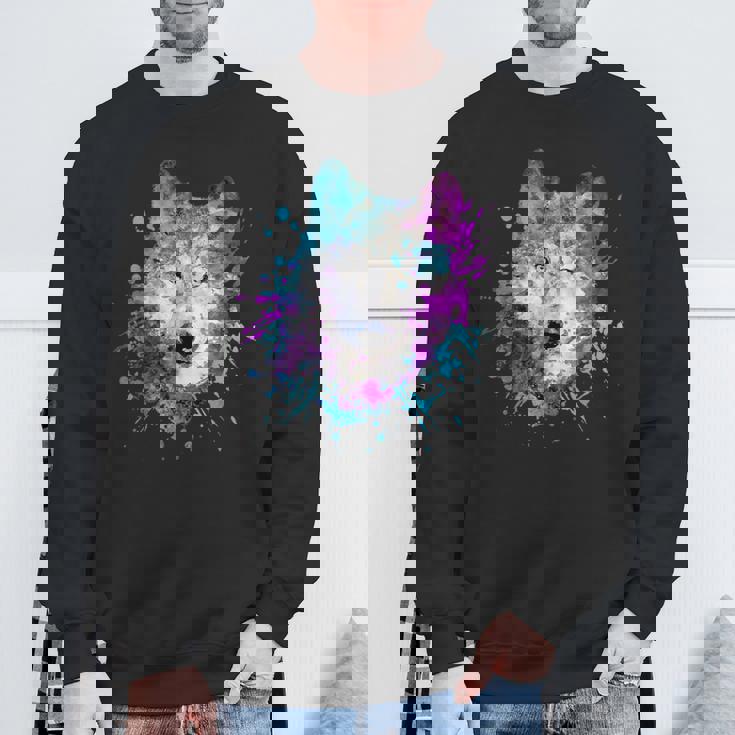 水彩 狼 頭 カラフル オオカミ 贈り物 スウェットシャツ 高齢者への贈り物