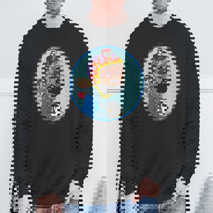 赤ちゃんをおんぶしたファンキー男 ハート型のサングラス ミニダルマ ヒゲ ファイヤーパターンのヘルメット スウェットシャツ 高齢者への贈り物