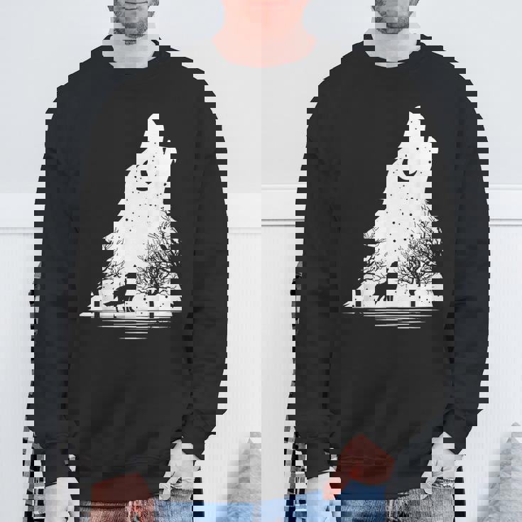 遠吠えするオオカミ 星空 オオカミモチーフ 男女兼用 スウェットシャツ 高齢者への贈り物