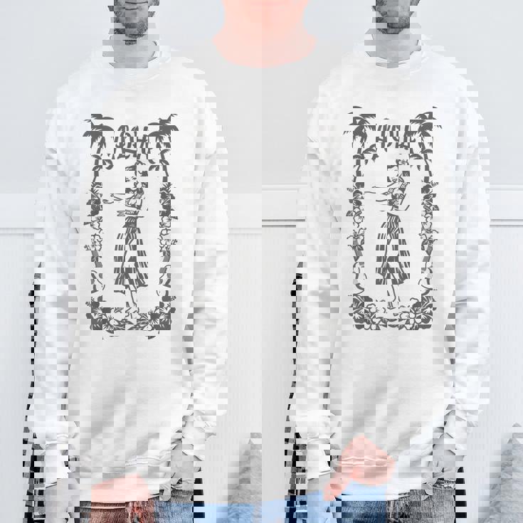 Aloha ハワイ ダンサー ヤシの木 ハイビスカス ウクレレ ルアウ ラインアート スウェットシャツ 高齢者への贈り物