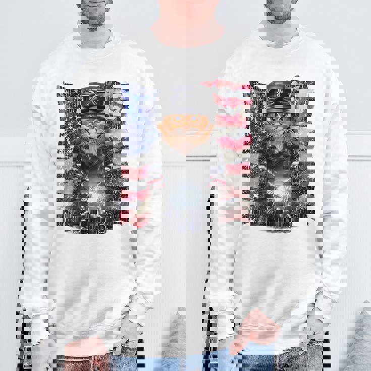 三毛猫 オレンジ猫 ねこ バイク 星条旗 アメリカ スウェットシャツ 高齢者への贈り物