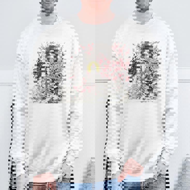 日本 浮世絵 観音菩薩 竜 桜 波 バックプリント 長袖tシャツ スウェットシャツ 高齢者への贈り物