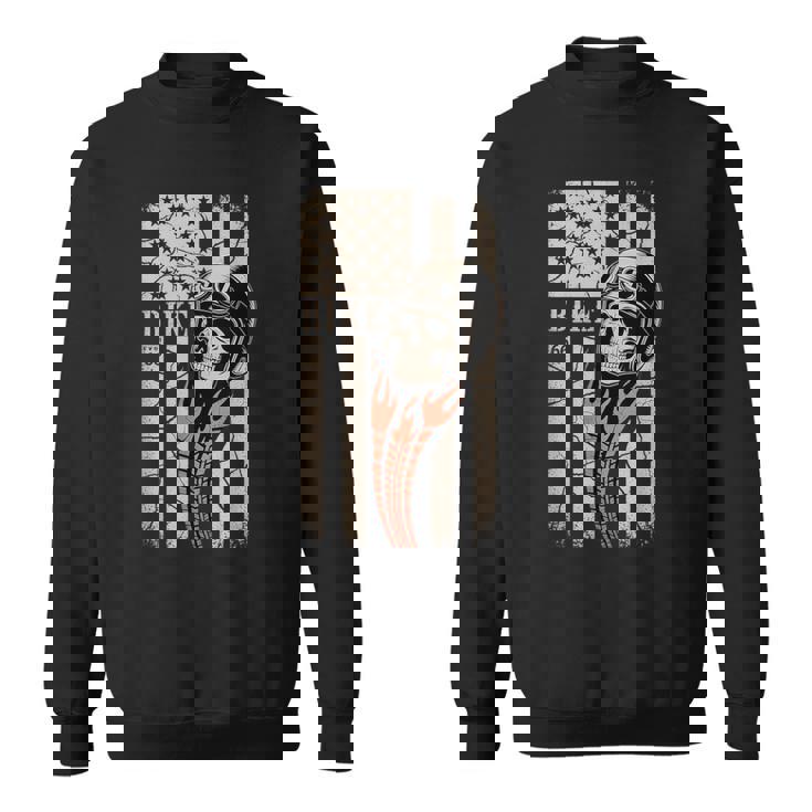 Biker Skull Vintage Art With Flames And American Flag Sweatshirt Unisex