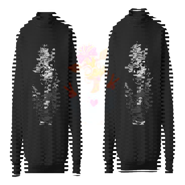 キリンガール ダブルピースサイン ピンク リボン ポップ グラフィック 遊び心のある 長袖tシャツ スウェットシャツ