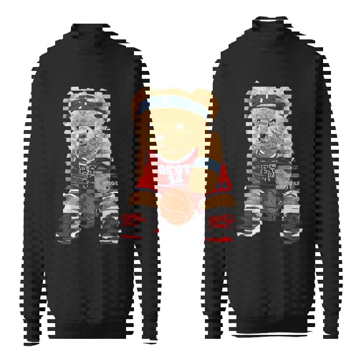 クールなテディベアがバスケットボールのイラストグラフィックデザインを演じます。 スウェットシャツ