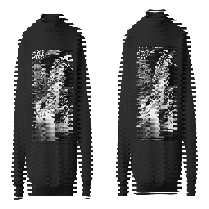 セクシーガールグラフィックtシャツ セクシーブロンドメカニックピンナップガールbw スウェットシャツ