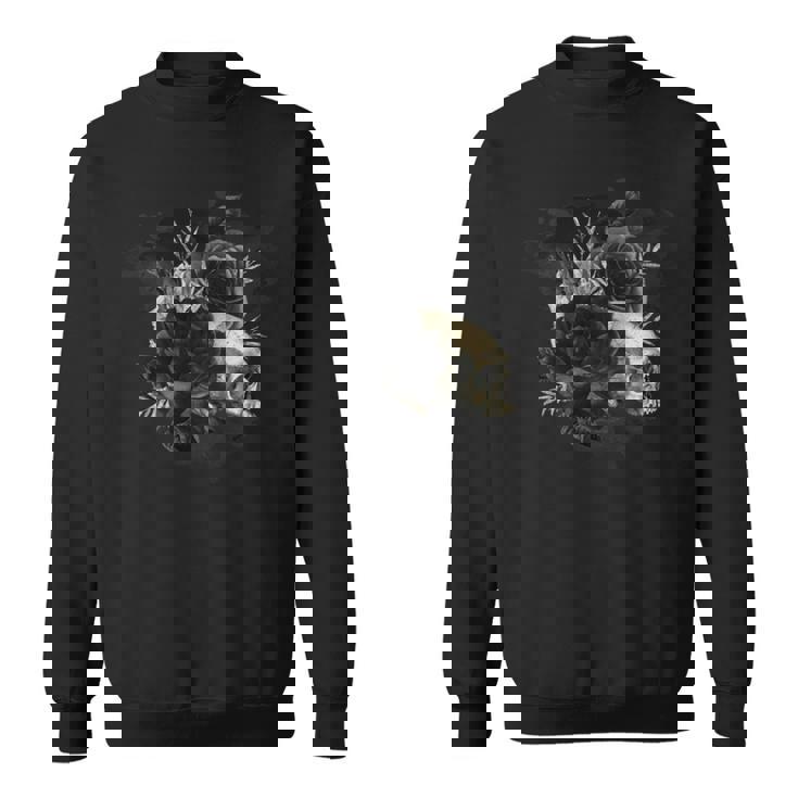 ブラックローズフラワーとスカルアート グランジスタイル 長袖tシャツ スウェットシャツ