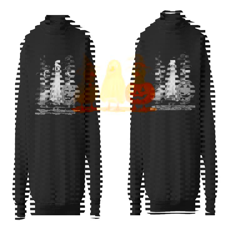 ペンギン 魔女 ゴースト パンプキン トリオ ハロウィン 楽しい 長袖tシャツ スウェットシャツ