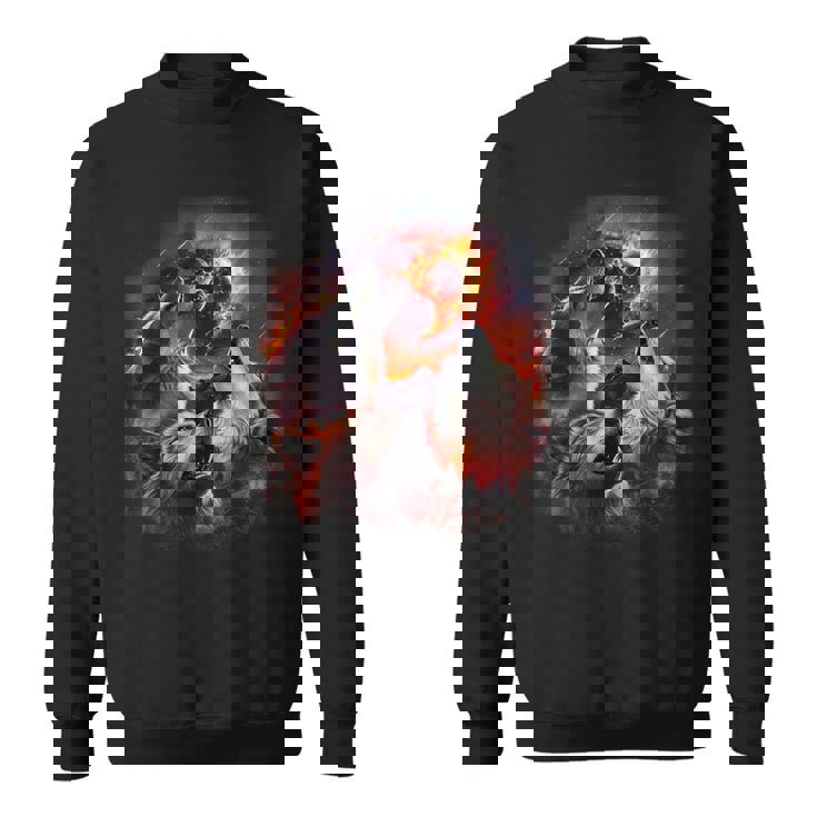 小惑星衝突月の下で燃える森で吠えるオオカミ スウェットシャツ